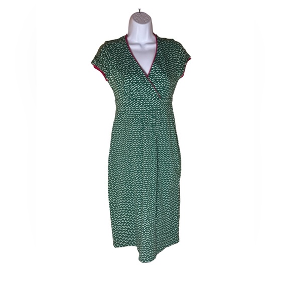 Boden Green Pink Wavy Striped Faux Wrap Stretch Midi Dress Size 4L - Picture 2 of 6